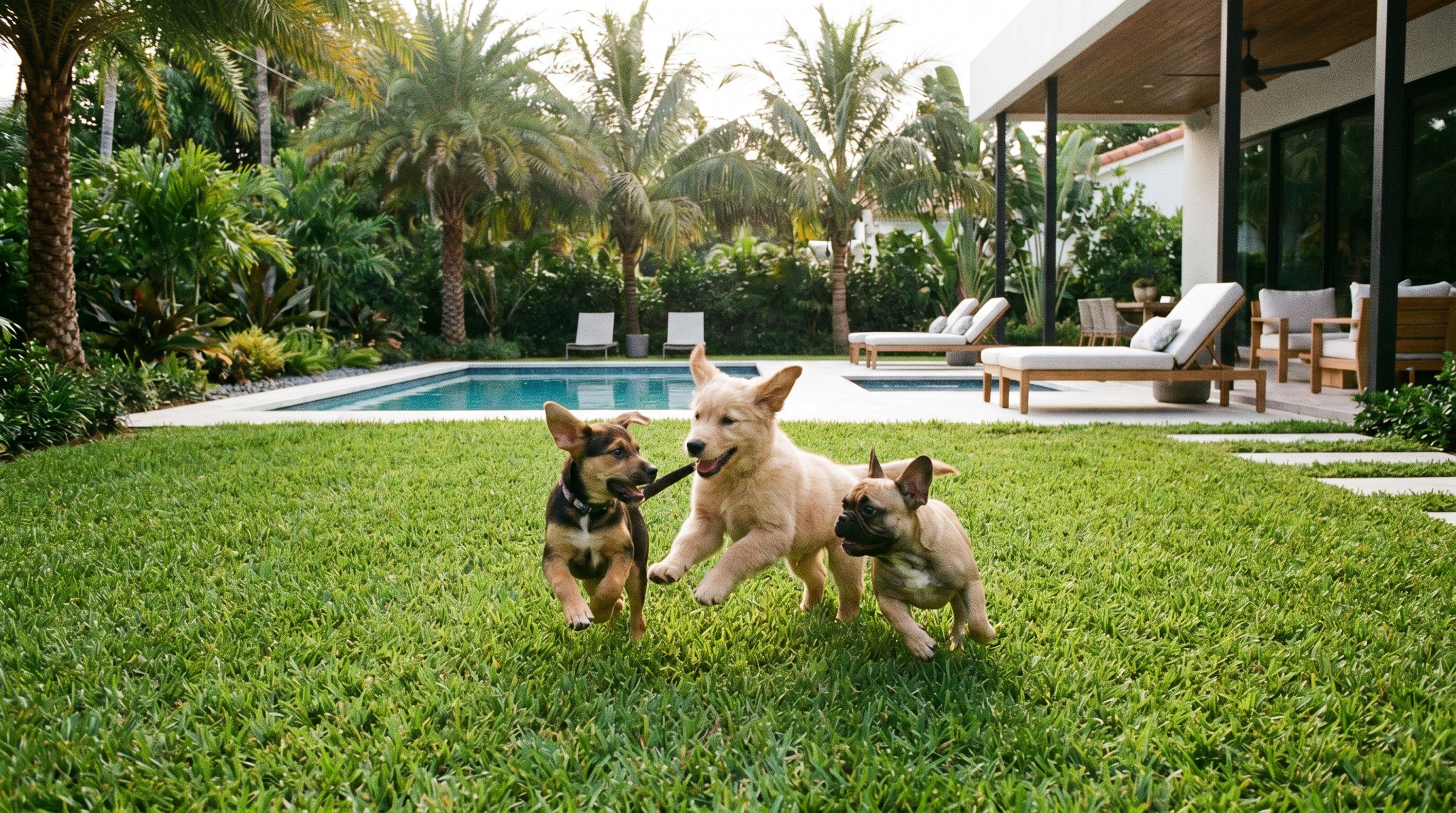 Three pups playing together in a beautiful backyard